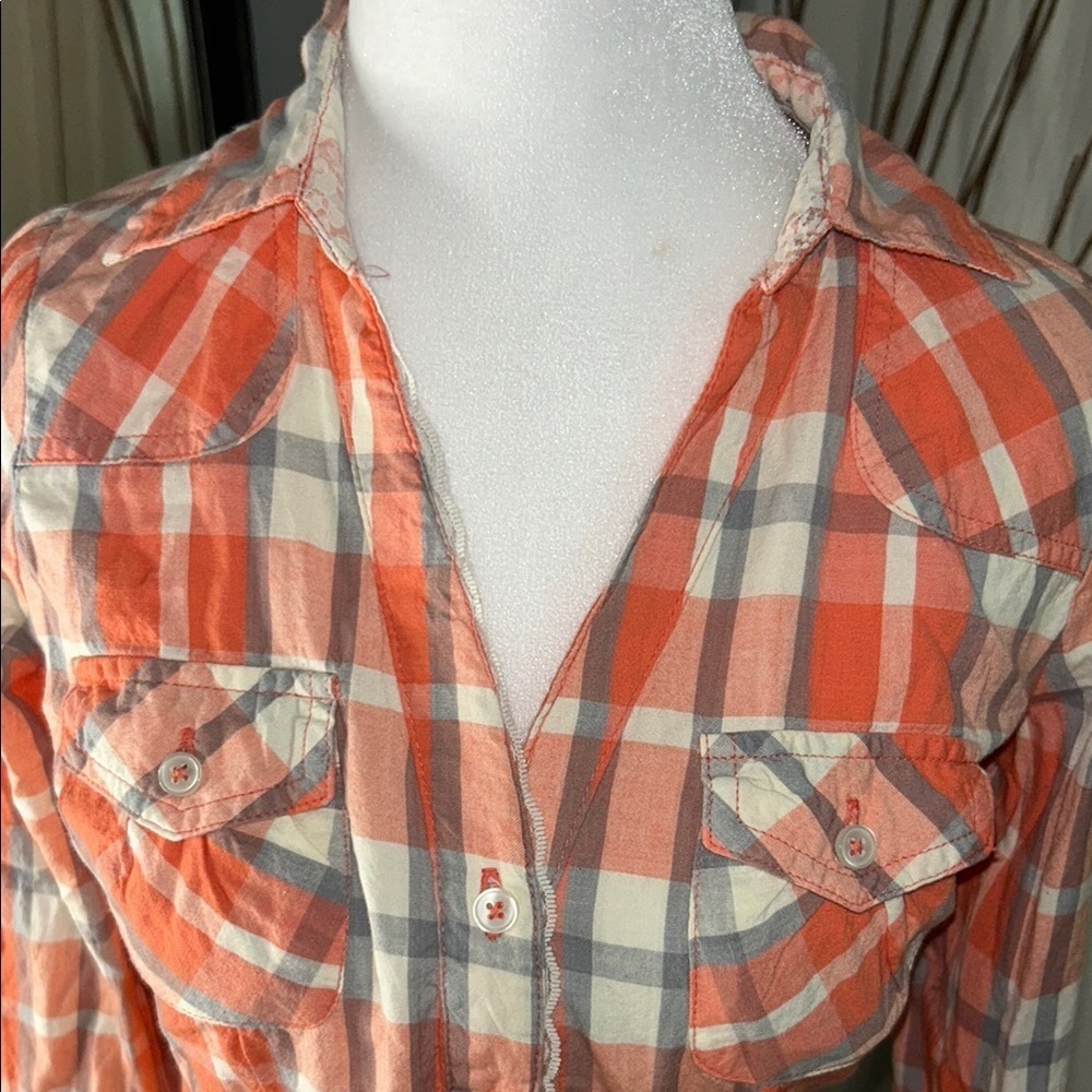 love, Fire Vibrant Orange and Gray Plaid Shirt - Picture 2 of 11